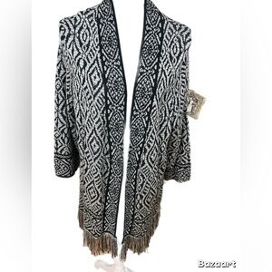 RUBY RD black/gray fringed open front cardigan  Plus 1X